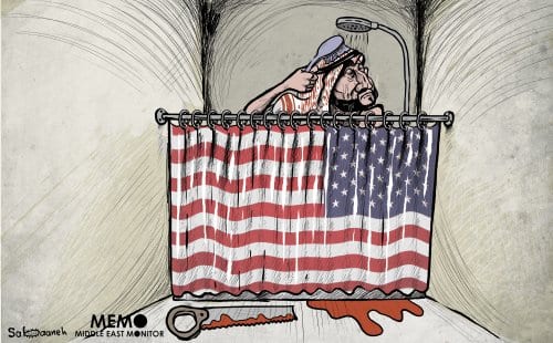 1 año después del asesinato de Jamal Khashoggi, MBS no tiene nada de qué preocuparse - Cartoon [Sabaaneh / MiddleEastMonitor]