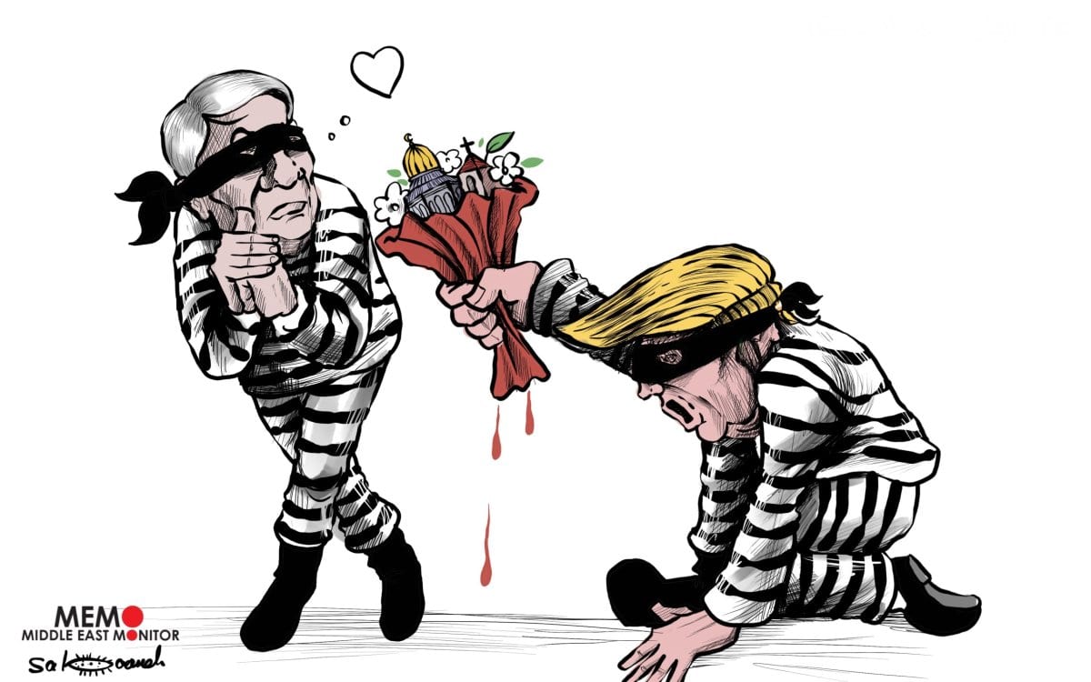 La historia de amor de Trump y Netanyahu en torno a Jerusalén y el destino de Palestina - Caricatura [Sabaaneh / MiddleEastMonitor]